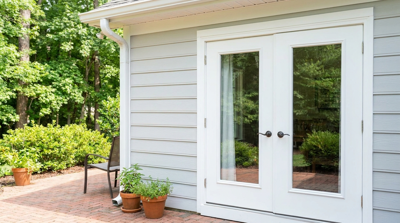A pair of white hinged French patio doors with tall glass panes and a dark lever handle on each door, set in pale gray lap siding with white trim, opening onto a red brick paver patio with potted plants and a dark metal chair, with green shrubs and trees beside the house