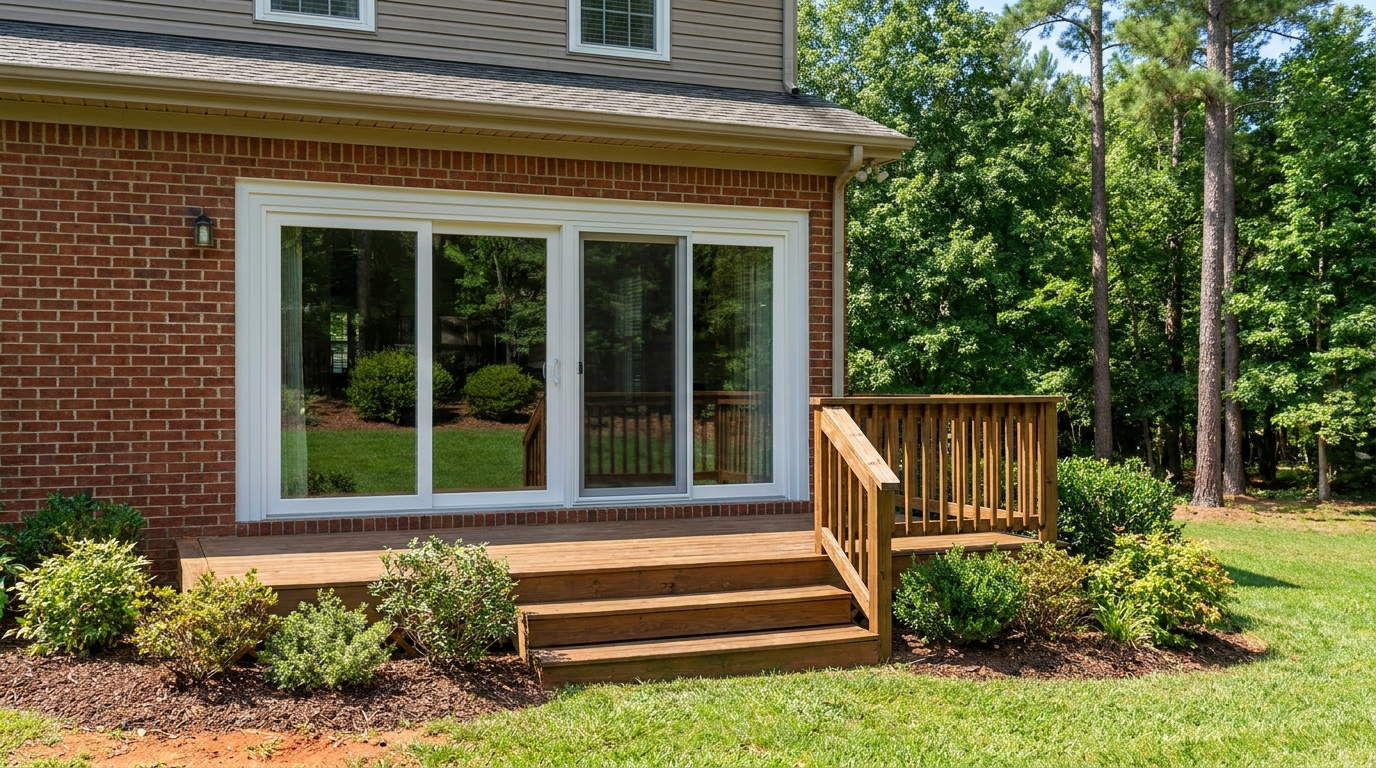 The back of a two-story house with red brick on the lower floor and tan siding above, a wide white-framed sliding glass patio door with four glass panels set in the brick, opening onto a wood deck with a railing and steps down to a green lawn, with shrubs in mulched beds and tall pines and leafy trees behind the house