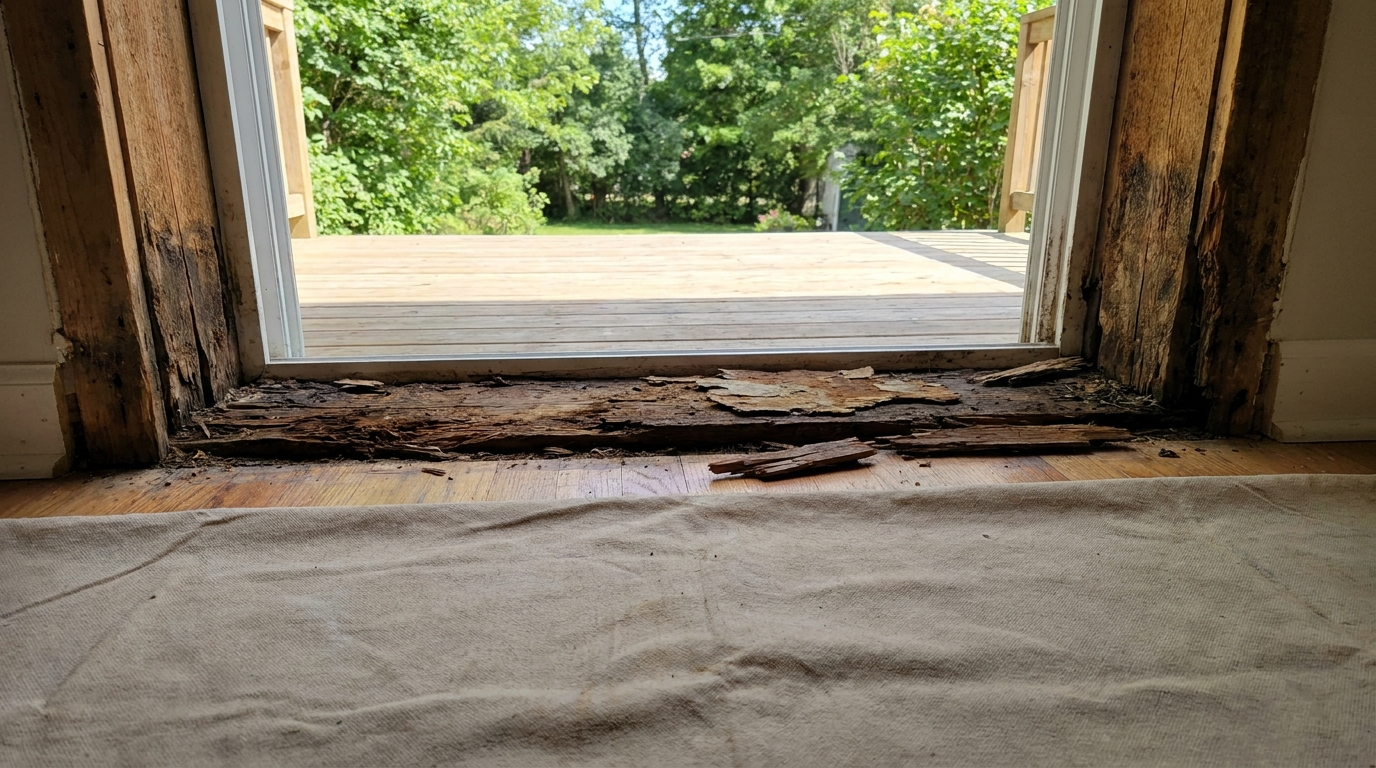 Looking out through the bottom of an exterior door opening from inside a house: the wood along the sill is dark, cracked and crumbling, with loose splinters on the floor, the lower wood jambs on both sides are darkened and split, a canvas drop cloth covers the hardwood floor, and a wood deck and green trees are outside