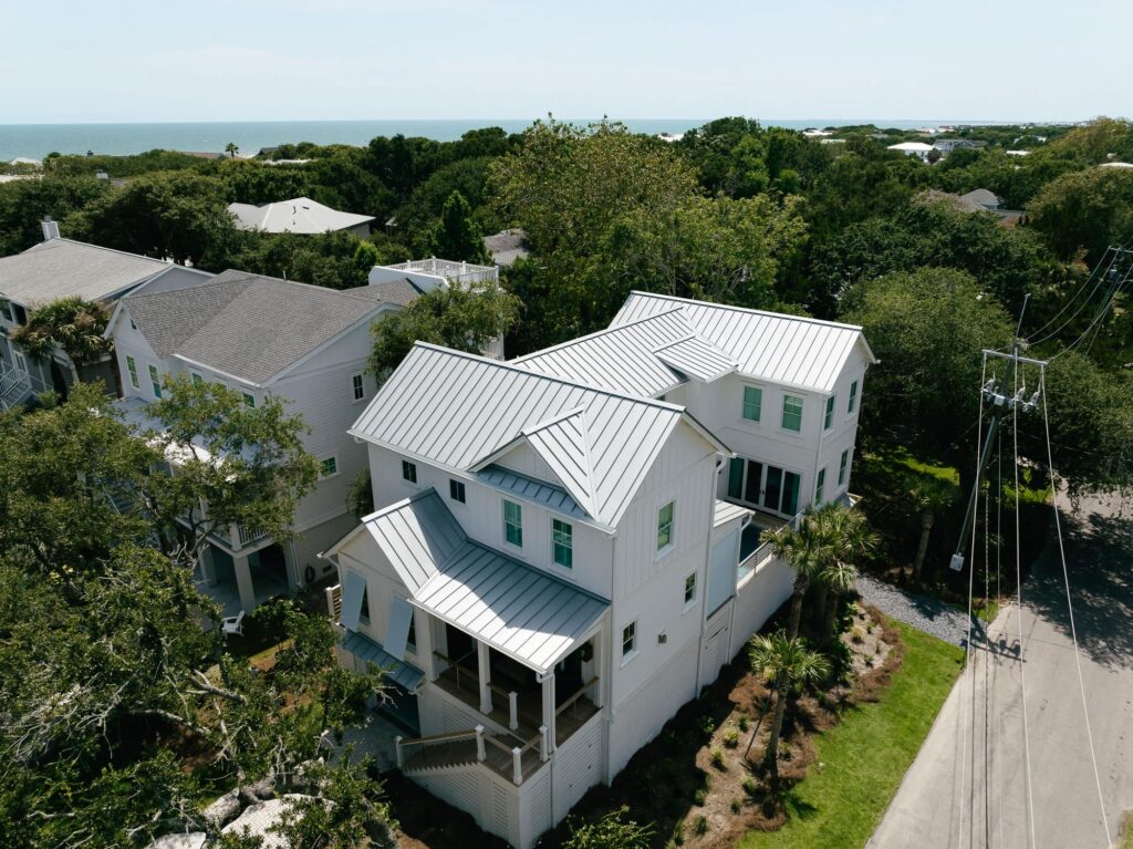 Grey metal roof on coastal home