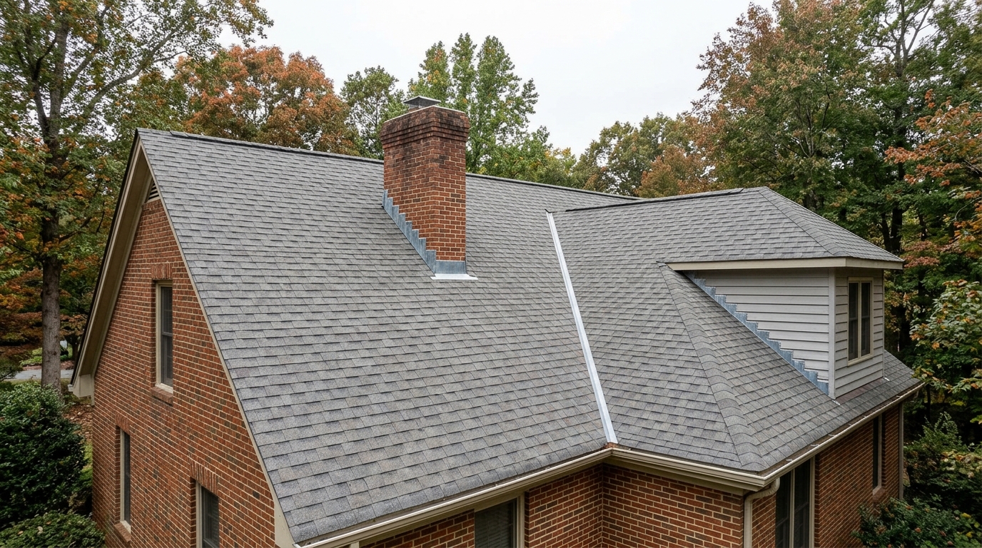 A red brick house with a gray asphalt shingle roof showing three flashing locations at once: stepped metal climbing the sides of the chimney with an apron across its base, a metal-lined valley running down between two roof planes, and a stepped flashing line where a lower roof meets the sided wall of a dormer