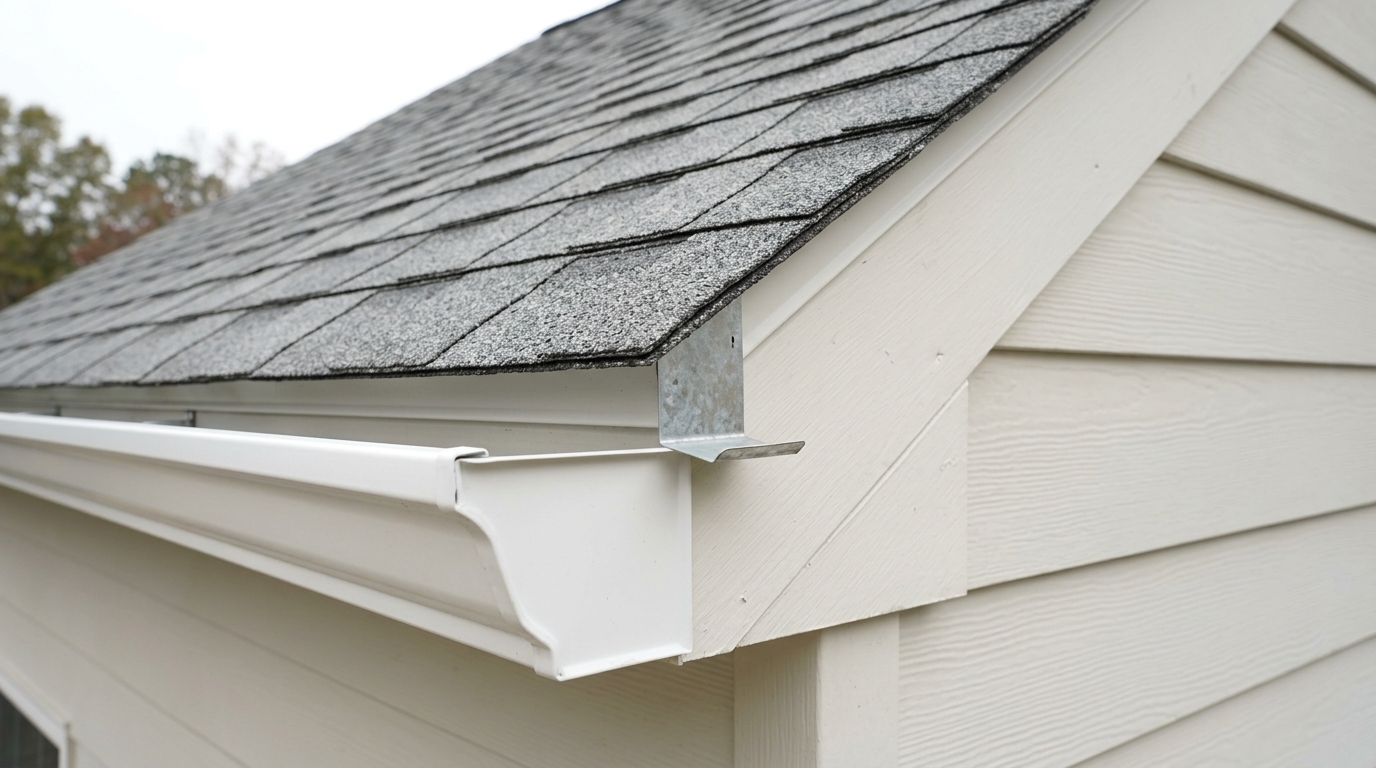 A kickout flashing at the lower end of a roof-to-wall junction, its lower lip bent outward to throw water clear of the siding and into the open end of the gutter below