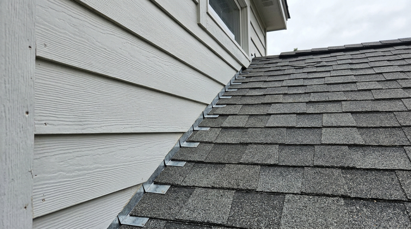 Small galvanized step flashing tabs stepping up the side of a dormer wall where a gray asphalt shingle roof meets pale lap siding, each tab emerging from beneath the shingle course above it and lapping over the course below