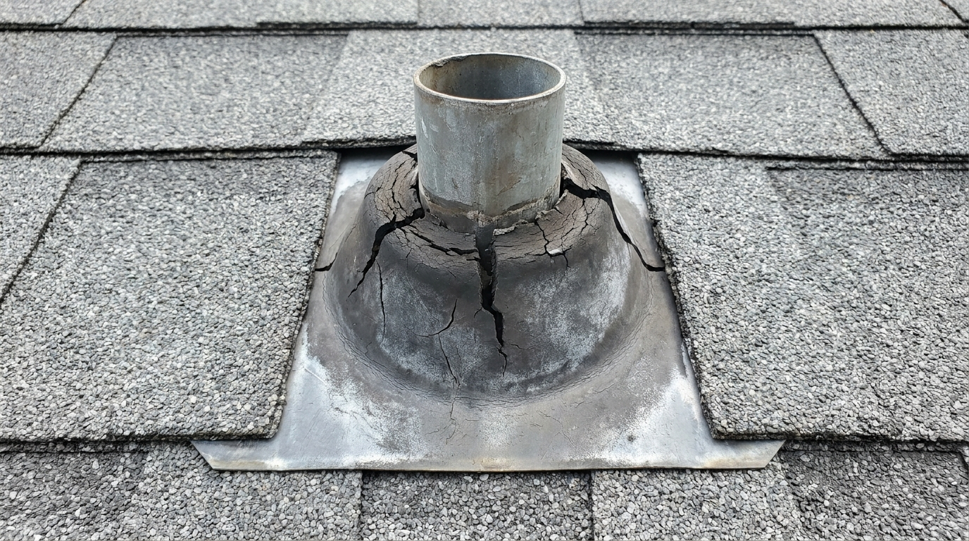 Close-up of a vent pipe on a gray shingle roof, its dark rubber boot dried out and split with deep cracks around the pipe, set on a metal base flashing among the shingles