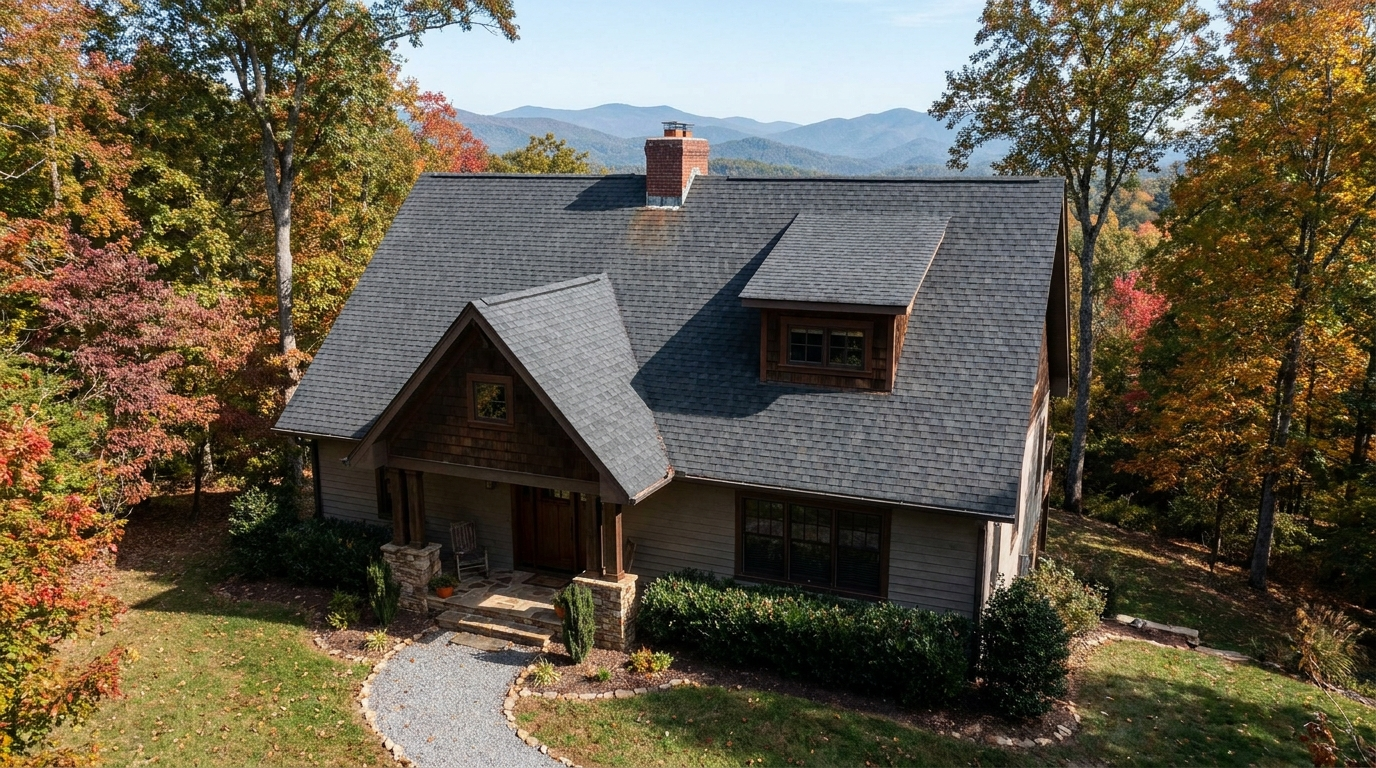 A craftsman-style house with a steep dark gray shingle roof, a front gable over the porch, a dormer and a brick chimney, seen from above on a wooded lot with fall trees and blue mountain ridges behind