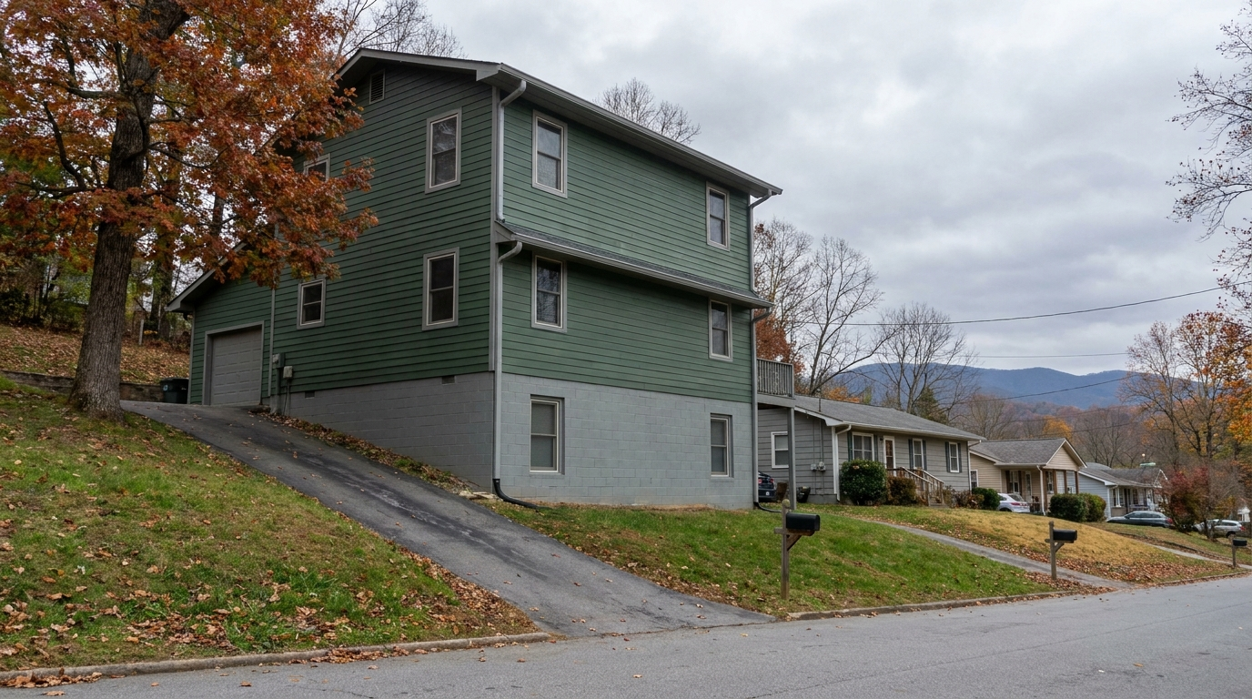 A green-sided house on a sloped lot in a hillside neighborhood, its downhill side three levels tall with a gray concrete block basement level below two floors of siding, a steep driveway climbing to the garage, neighboring houses down the street and blue mountain ridges in the distance