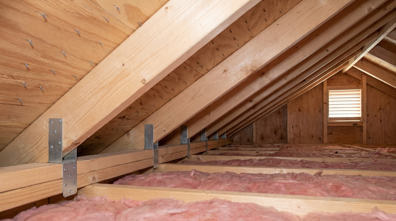 Inside an attic at the eave, sloped wood rafters rest on a doubled wood top plate, each tied to it with a plain metal connector, with nail tips showing through the underside of the roof decking, pink insulation between the ceiling joists and a louvered vent in the far wall