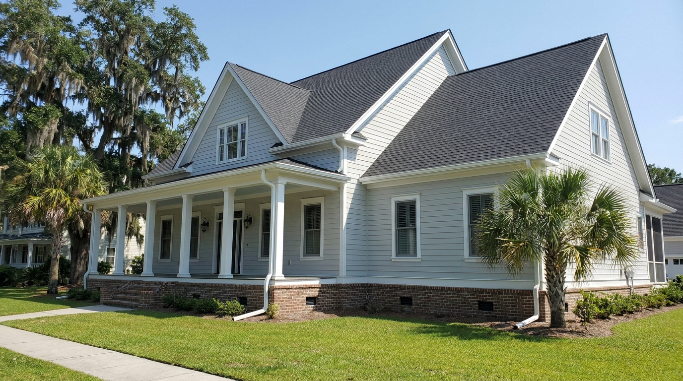 A two-story house with pale gray lap siding and white trim, a charcoal shingle roof with several gables, a front porch with white columns on a raised brick foundation, white gutters and downspouts, and a live oak hung with Spanish moss and two palmettos on a green lawn under a clear blue sky
