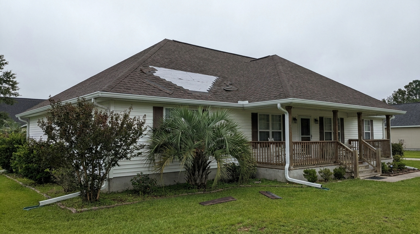 A one-story house with white siding and a brown shingle hip roof missing a patch of shingles on one slope, exposing light gray underlayment, with a few lifted shingles beside the gap, two loose shingles on the lawn, a palmetto, shrubs and a covered front porch under an overcast sky