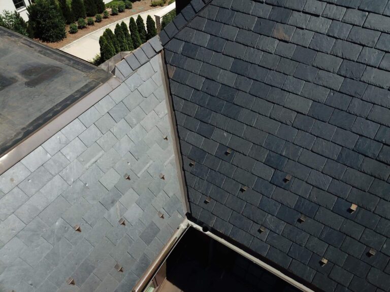 Aerial image of black slate roof tiles