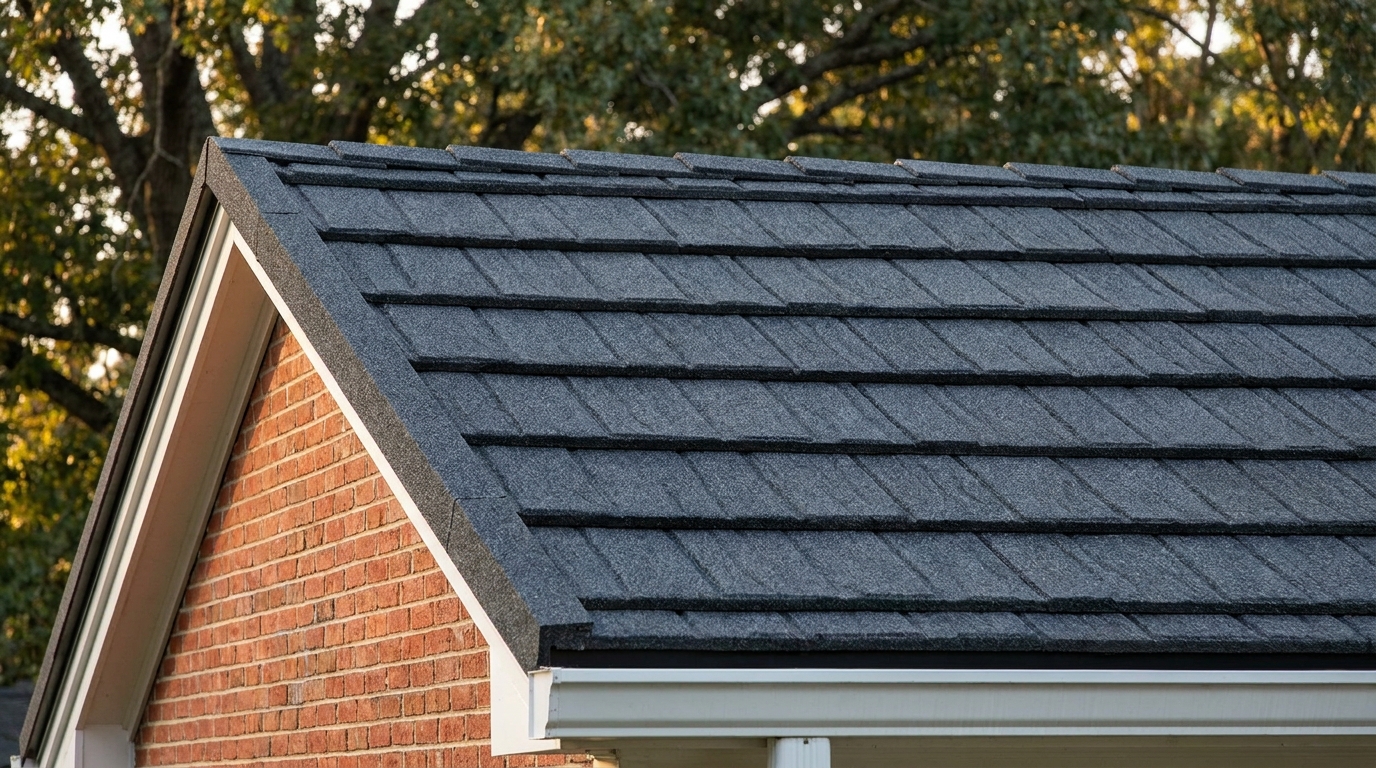 Close view of a stone coated steel roof on a brick Greensboro home, its granulated steel shingle courses catching low afternoon light above a white aluminum gutter
