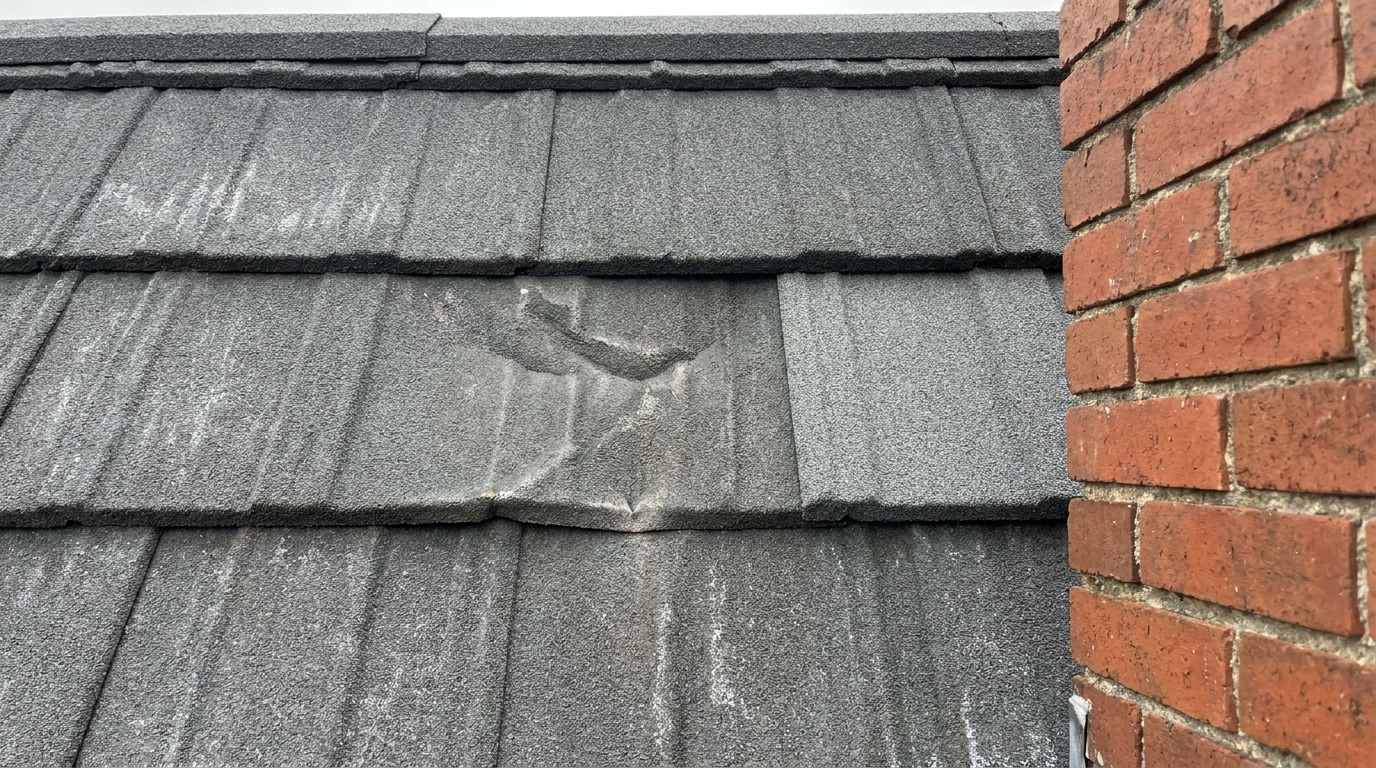 Stone coated steel roof panels with a granulated shake profile, one panel creased and pushed out of line where someone has stepped on it, with a visibly lighter replacement panel beside the weathered originals and a red brick chimney at the right