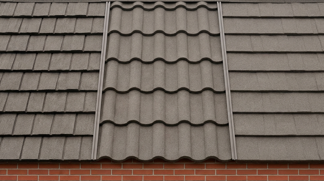 Three stone coated steel roof profiles shown side by side on a single roof mock-up — a deep-shadow shake profile, a barrel tile profile, and a flat shingle profile — above a run of standard brick