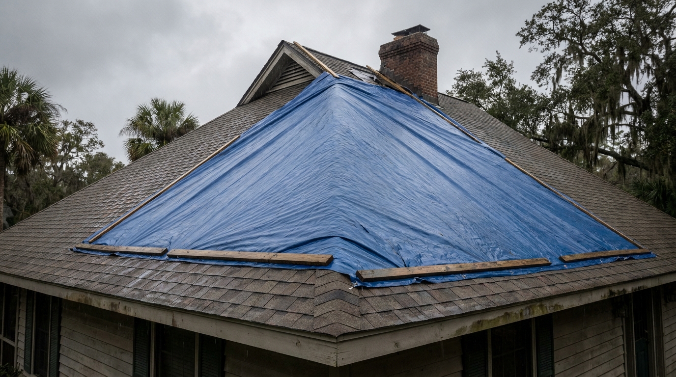 Blue emergency tarp battened down over a damaged roof slope near a chimney
