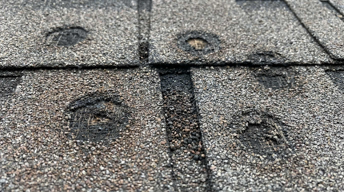 Hail impact bruising on asphalt shingles with granules knocked loose