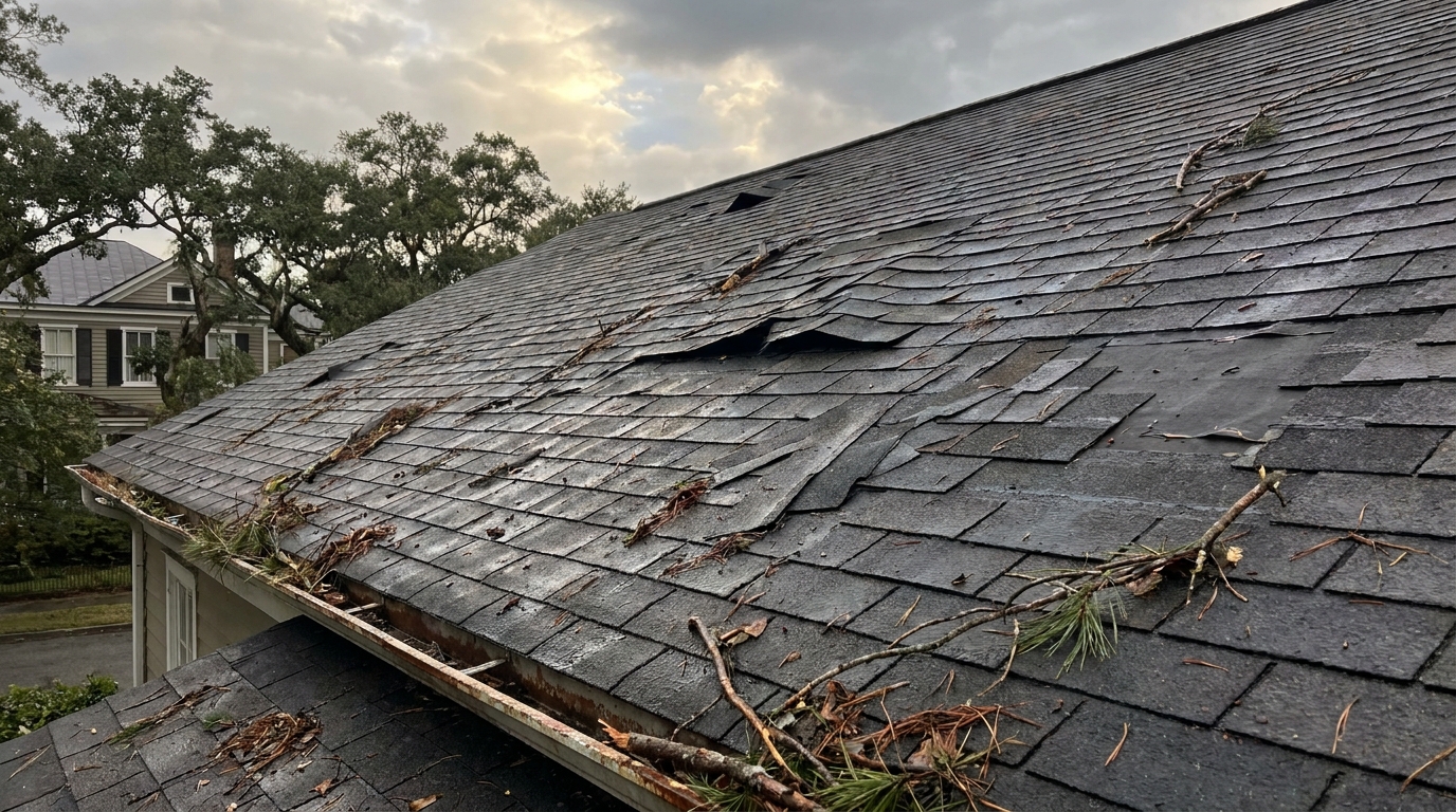 Wind damaged shingles on a Charleston area roof after a coastal storm