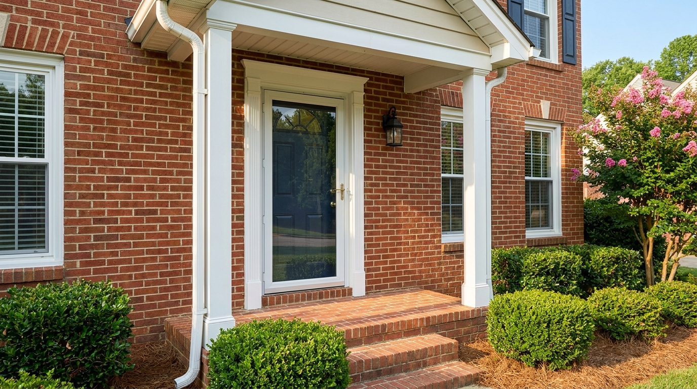 Red-brick two-story house with a covered front stoop, white columns and brick steps, where a white-framed full-view storm door with a brass lever handle sits in front of a navy entry door, beside boxwood shrubs, pine straw and a pink crepe myrtle.