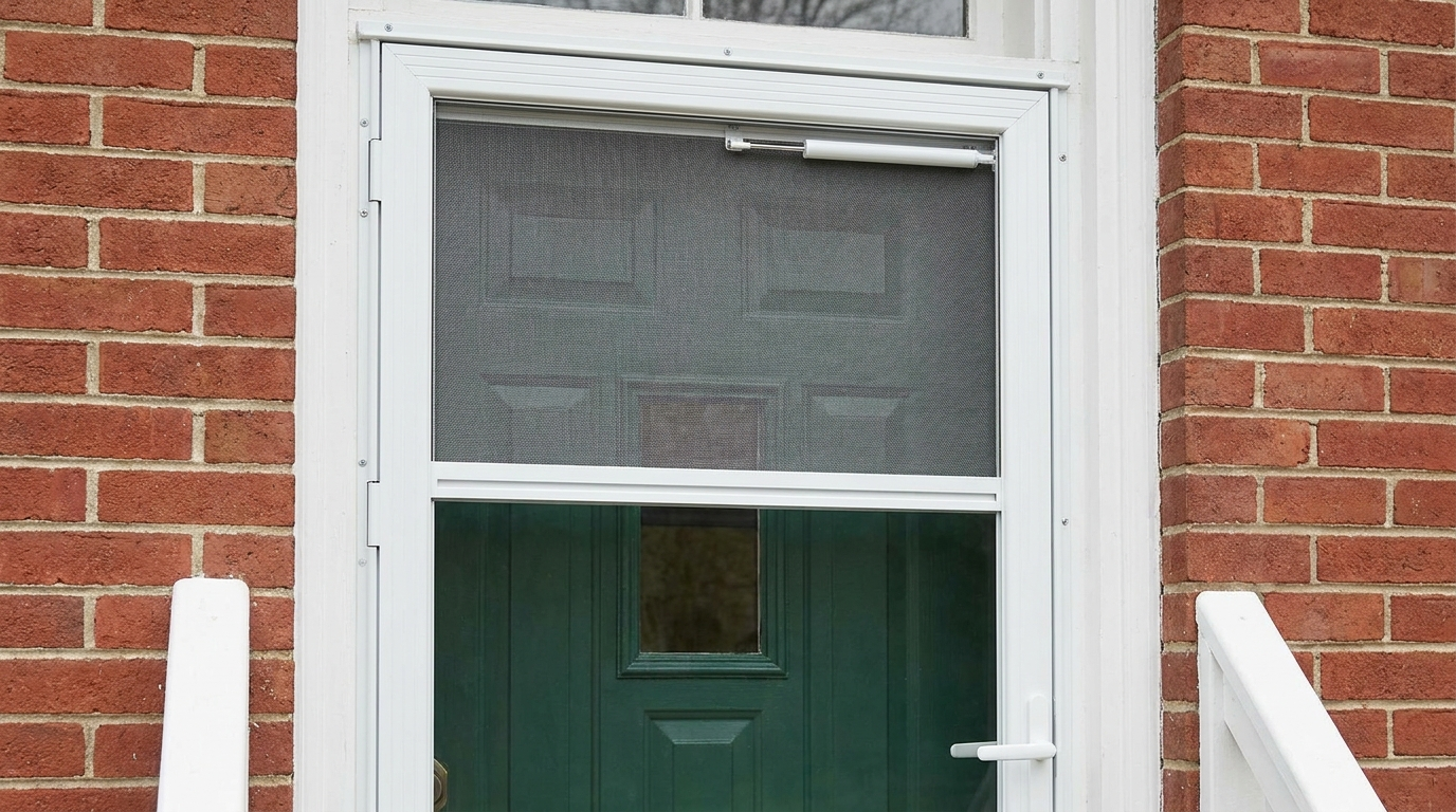 Close view of a white storm door on a brick entry with a gray insect screen across its upper half and glass across its lower half, and a green paneled entry door visible behind it.