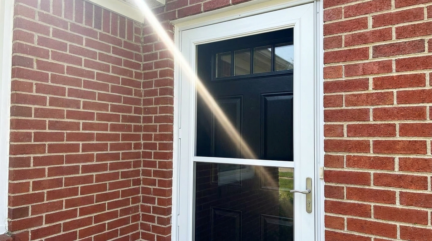 Closed white-framed glass storm door in bright sun against a brick wall, with a streak of sunlight across the glass and a black paneled entry door with a row of small window panes visible behind it.