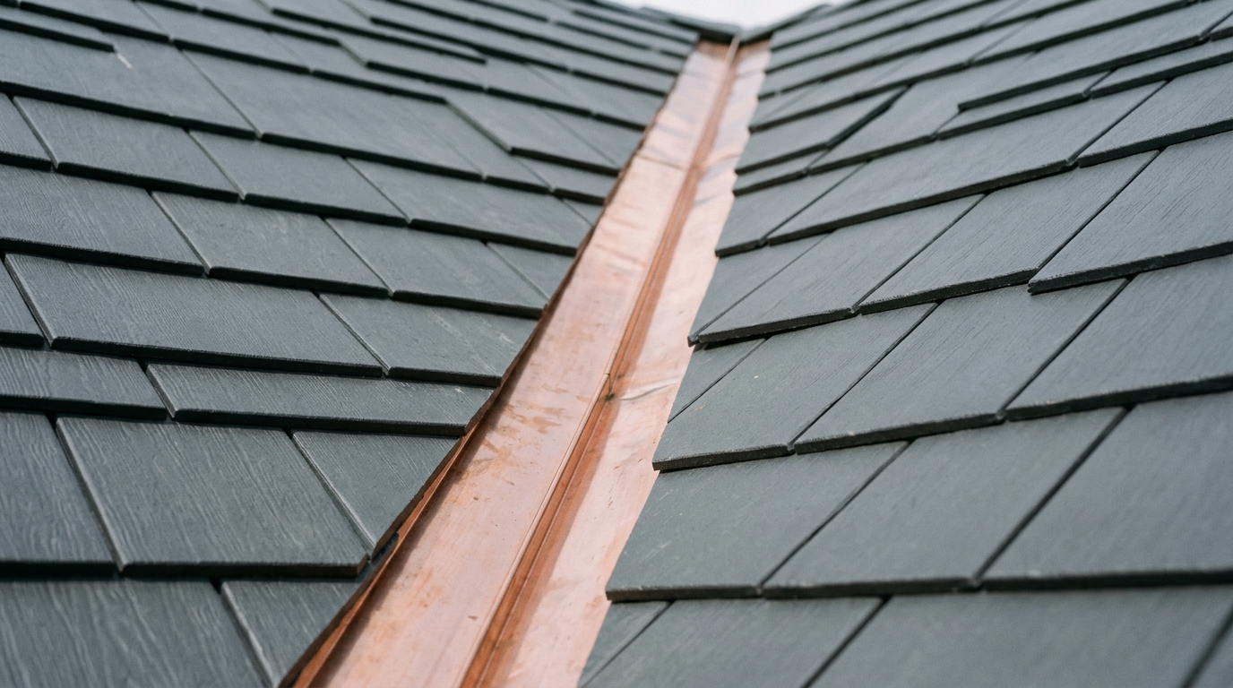 An open copper valley channel with a raised centre rib running diagonally between two roof planes of charcoal composite slate tile, the tiles cut on a clean straight line along each side of the copper