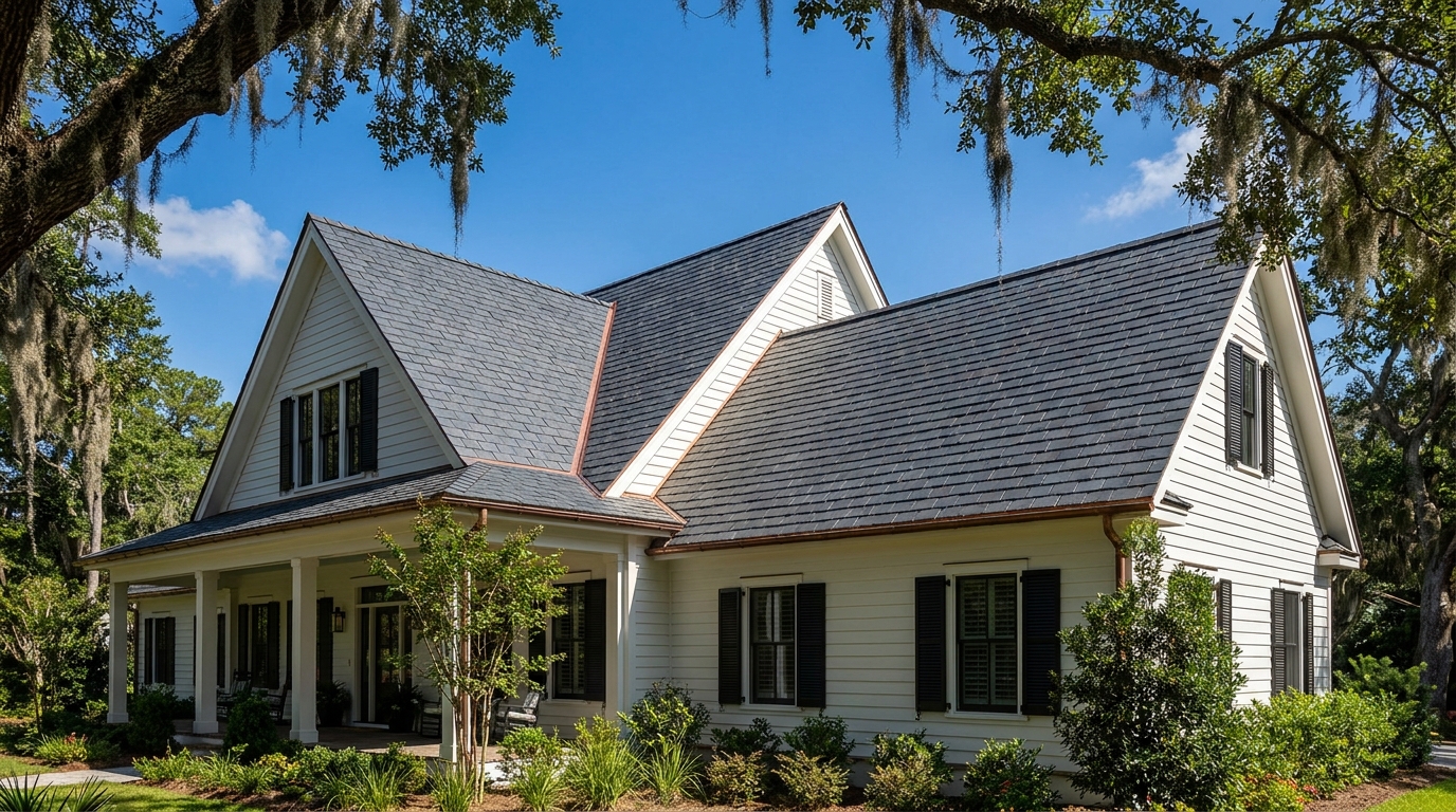 A two-story Lowcountry home with a steep dark grey synthetic slate roof and copper valley flashing, framed by live oaks under bright coastal daylight
