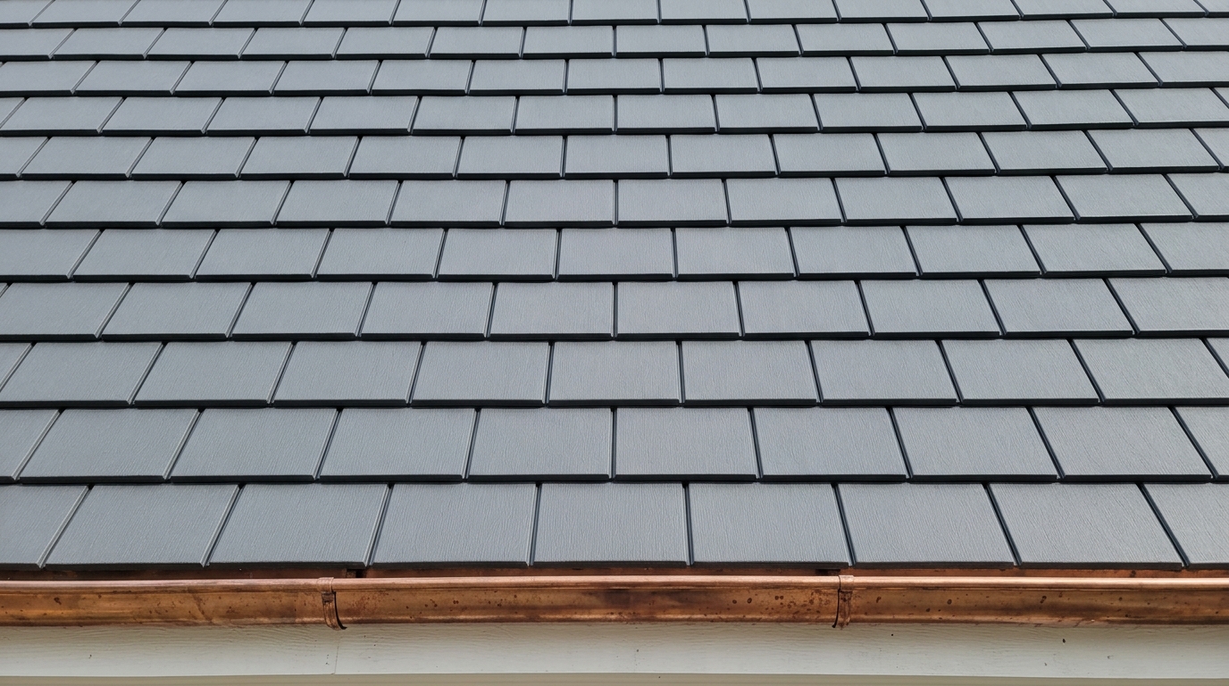 Around a dozen courses of uniform charcoal-grey composite slate tiles running up a roof slope, each course casting a crisp shadow line, above a copper half-round gutter and white fascia board at the eave