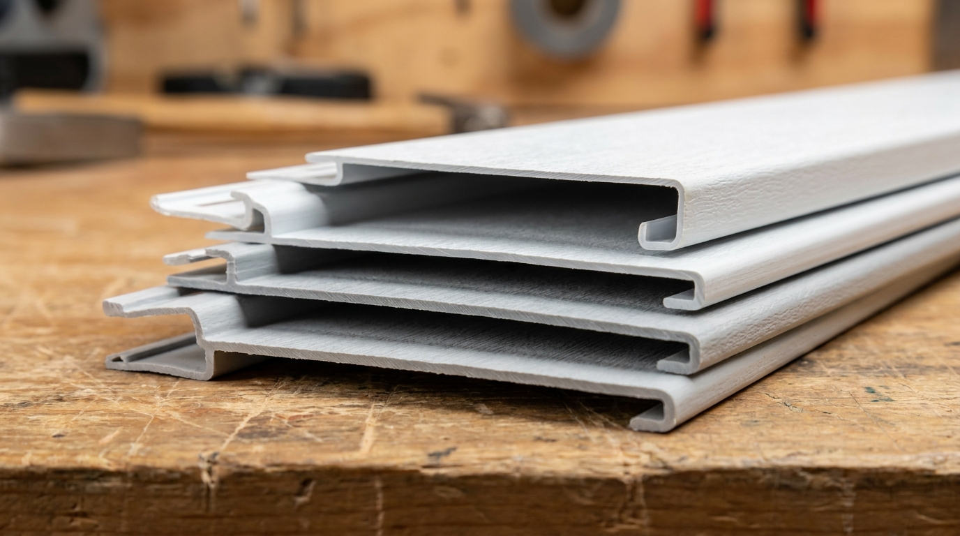 Cut ends of vinyl siding panels showing differing panel thickness and the nail hem