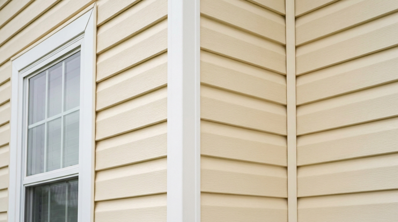 Vinyl siding corner post and window J-channel trim detail on a home exterior