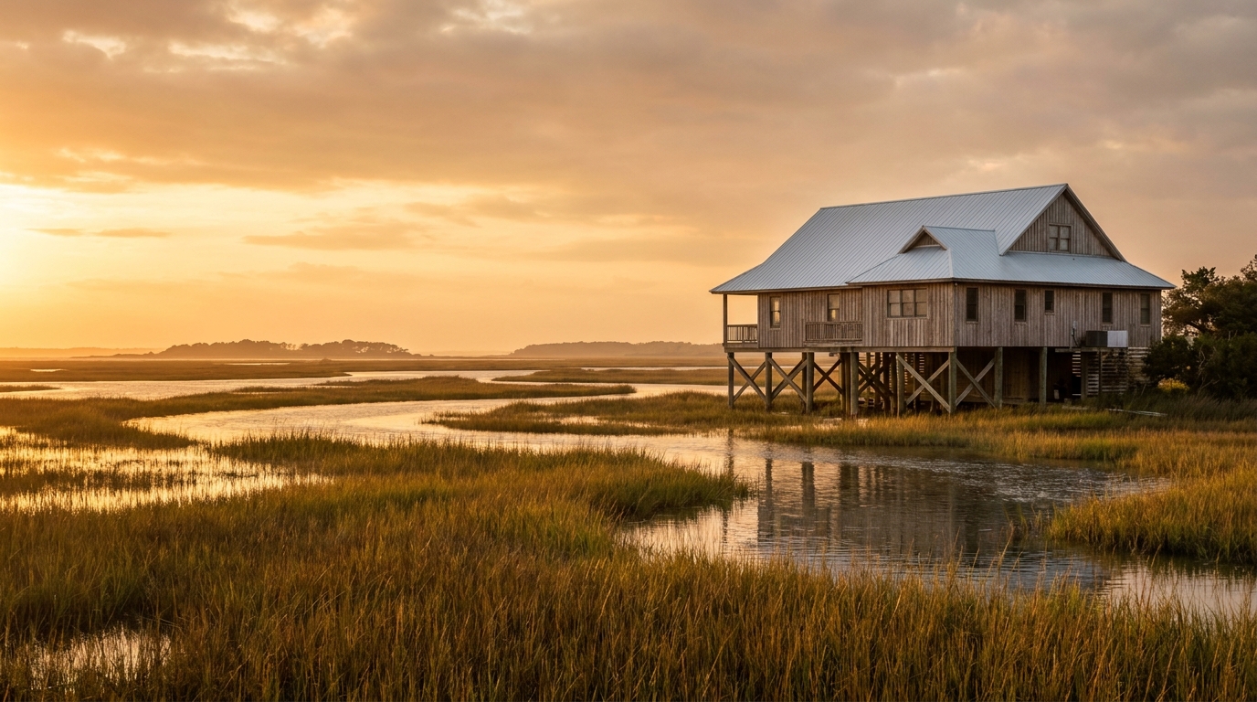 Metal roofed home on a South Carolina tidal salt marsh at golden hour