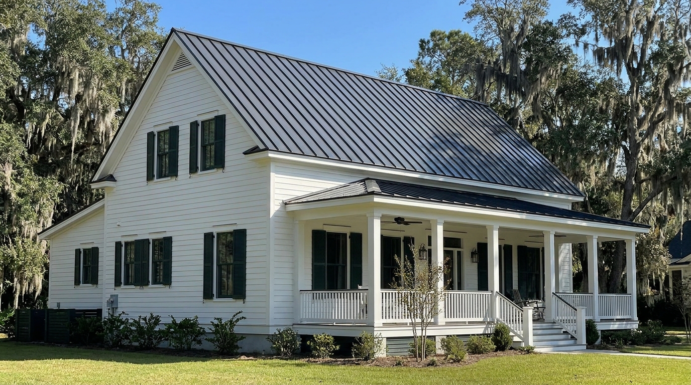 Standing seam metal roof on a Charleston area home under clear coastal sky