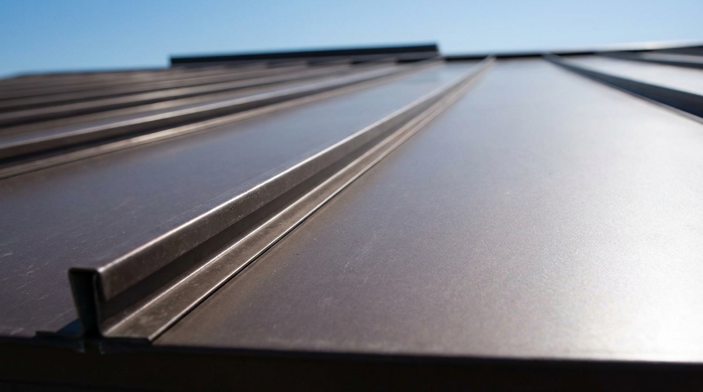 Close-up of standing seam metal roof panels showing raised seams and no exposed fasteners