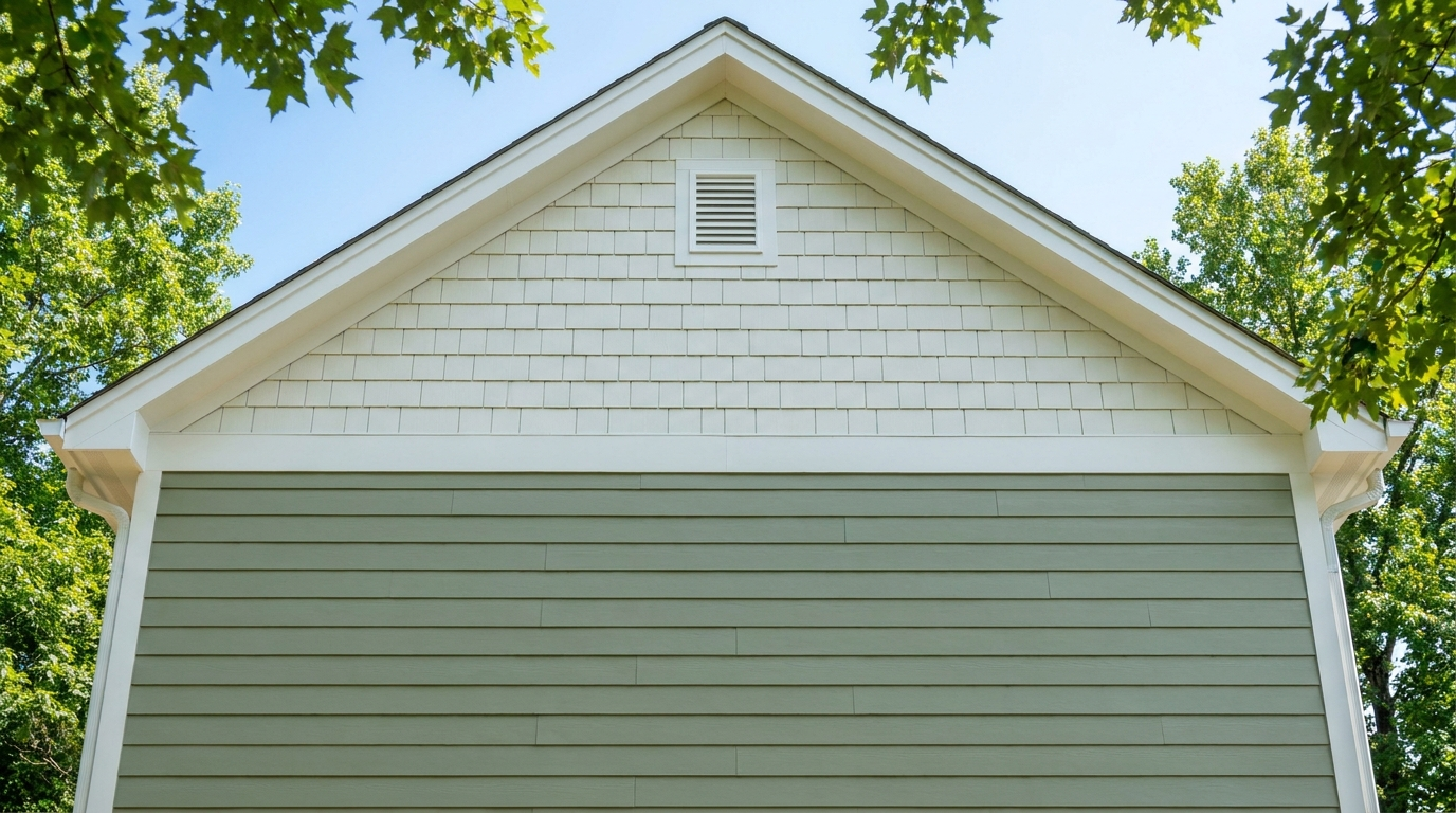 Looking up at the gable end of a house: soft white shingle-style siding fills the triangle above a white trim band, with a small white louvered vent near the peak, and sage green horizontal lap siding covers the wall below, framed by white corner boards, white roof-edge trim and green tree leaves against a blue sky