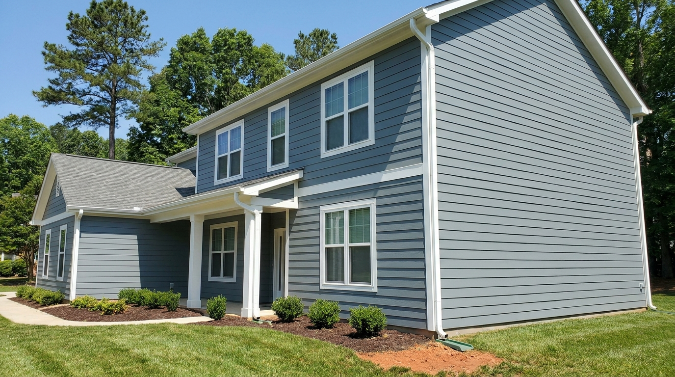 A two-story house with blue-gray horizontal lap siding on every wall, white corner boards and white window trim, a front porch with white columns, a white gutter and downspouts, a gray shingle roof, a mulched bed of small round shrubs along the front, a green lawn and tall pines and leafy trees behind