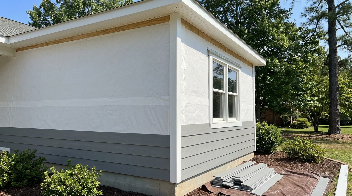 The outside corner of a house partway through new siding: plain white house wrap with taped seams covers the upper walls, a white corner board runs down the corner, a white-trimmed window has a metal flashing strip over its top, gray horizontal lap siding covers the lower walls, and cut siding pieces are stacked on a tarp in the mulch