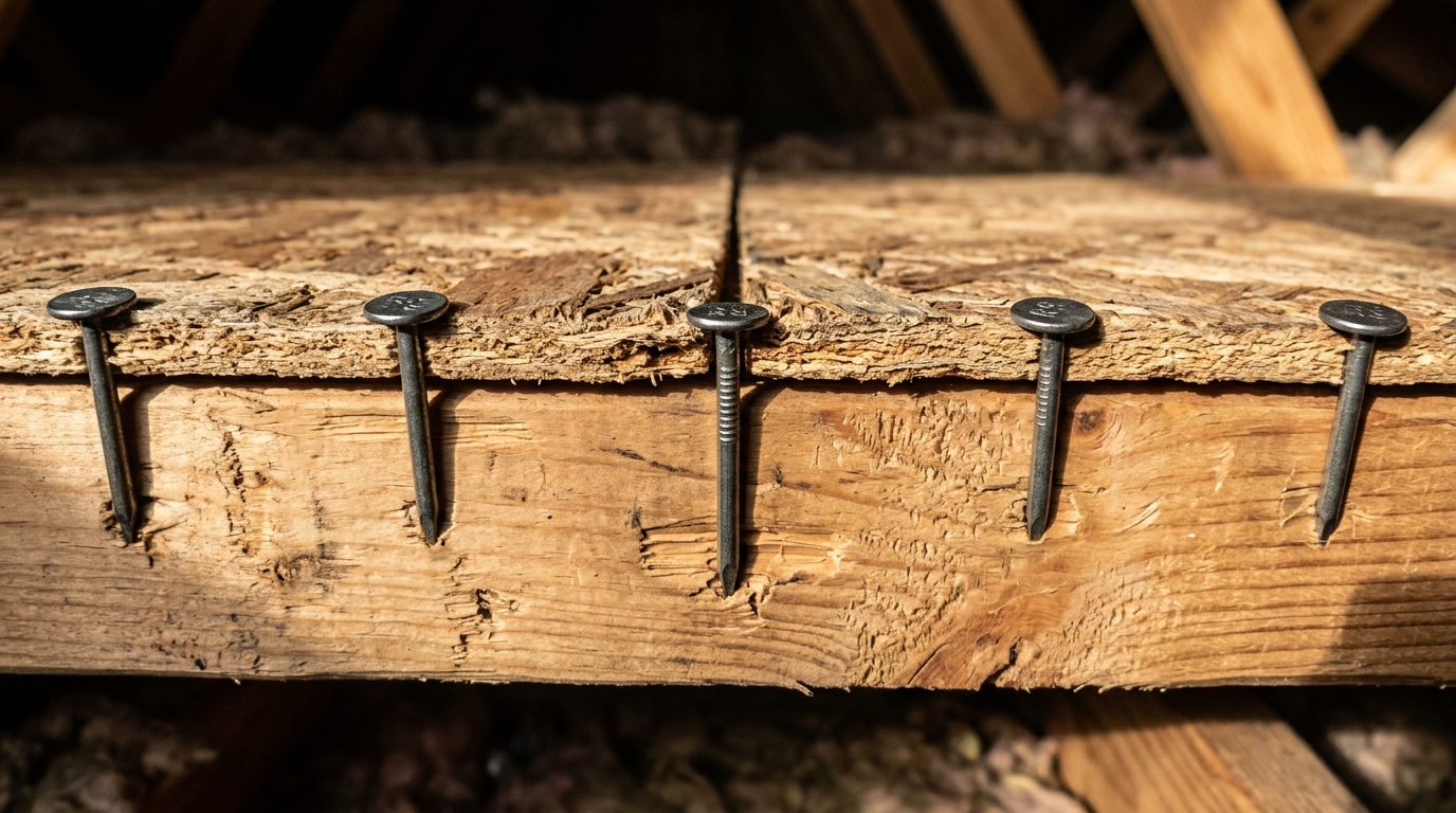 Ring-shank nails fastening roof sheathing to a truss chord