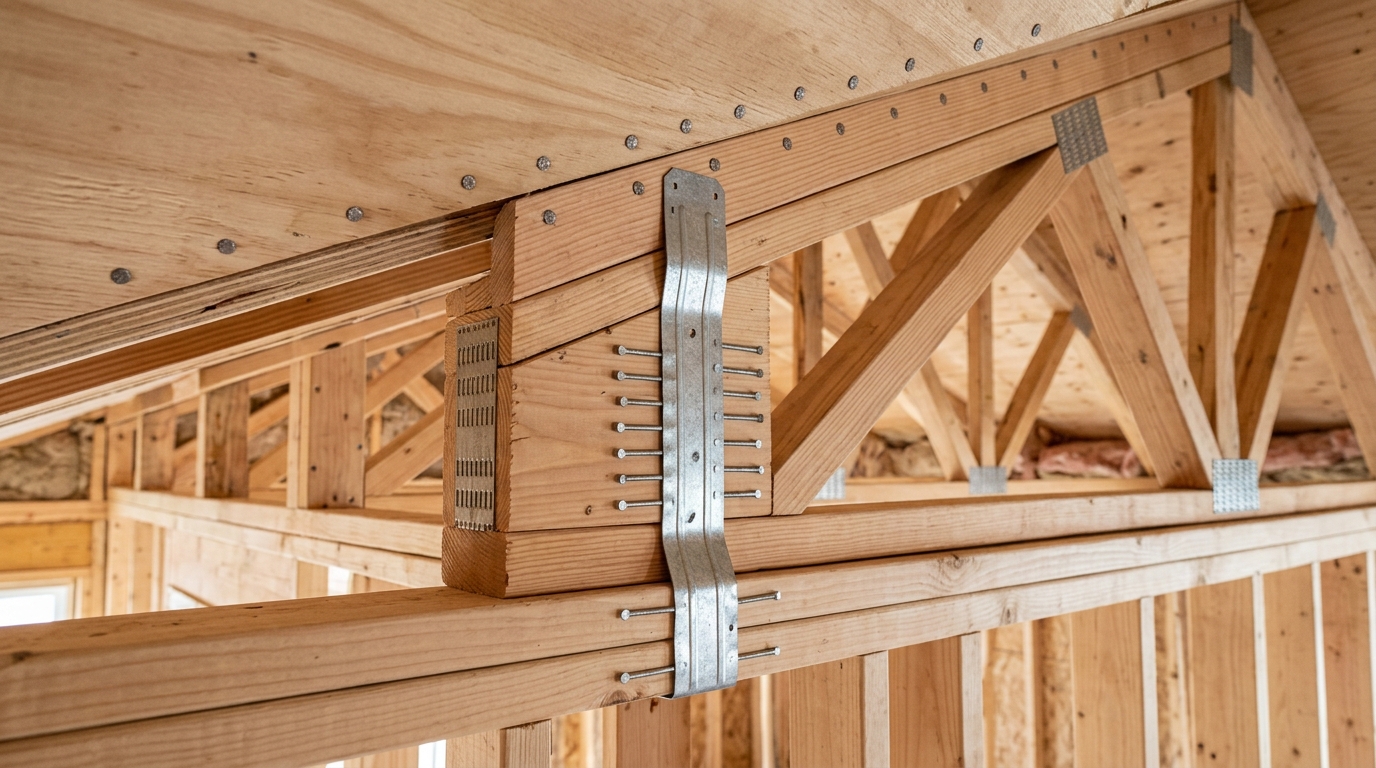 Inspector examining roof sheathing and truss connections in a Charleston attic