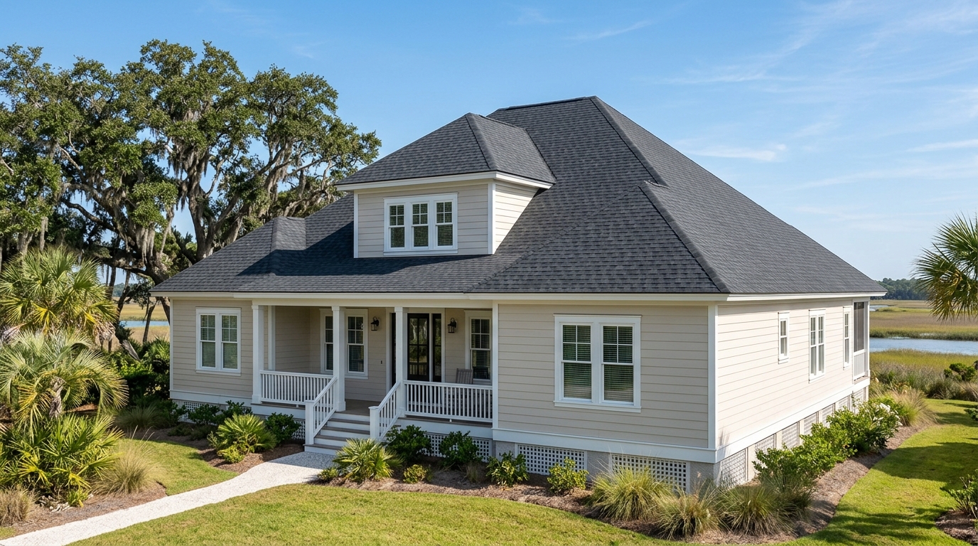 Coastal home with a hip roof sloping on all four sides