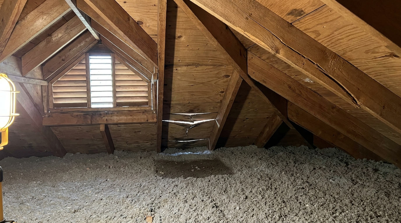 An unfinished attic with a cracked rafter, cracked roof decking letting in thin lines of daylight, and a dark damp patch on the gray loose-fill insulation below