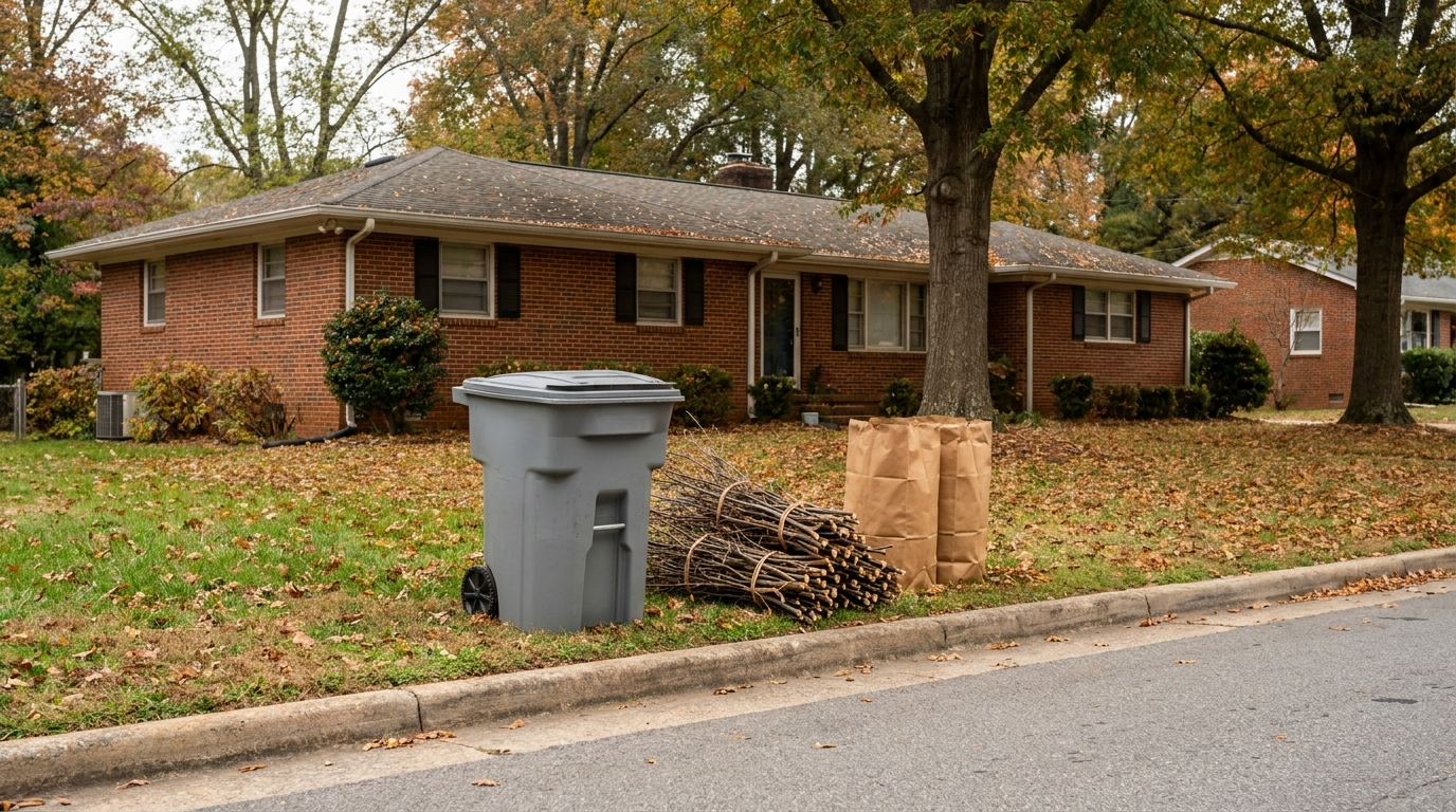 A gray yard waste cart with its lid closed, tied bundles of branches and two brown paper yard waste bags on the grass at the curb of a brick ranch house