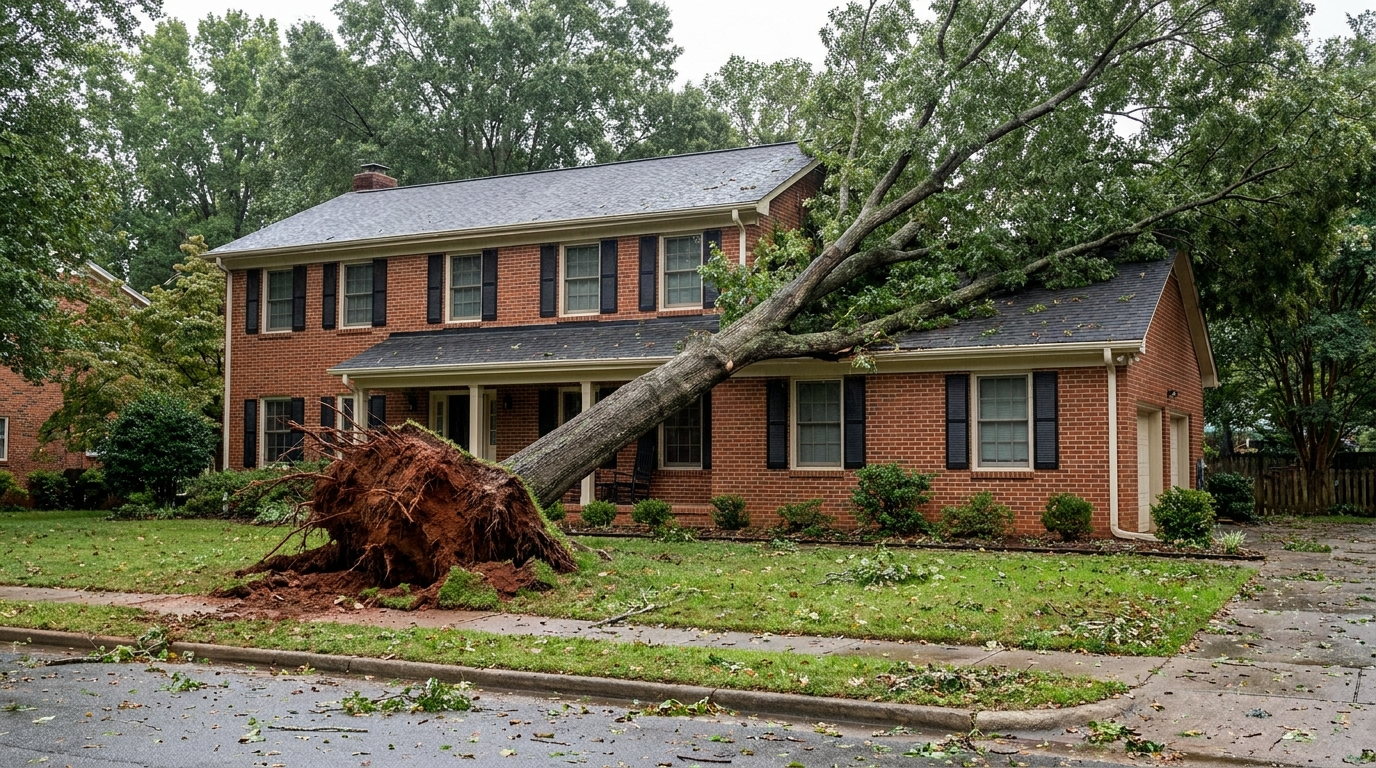 A large uprooted tree fallen across the front porch of a two-story red-brick house and onto the roof of its one-story wing, its torn root ball of red clay soil tipped up on the wet front lawn