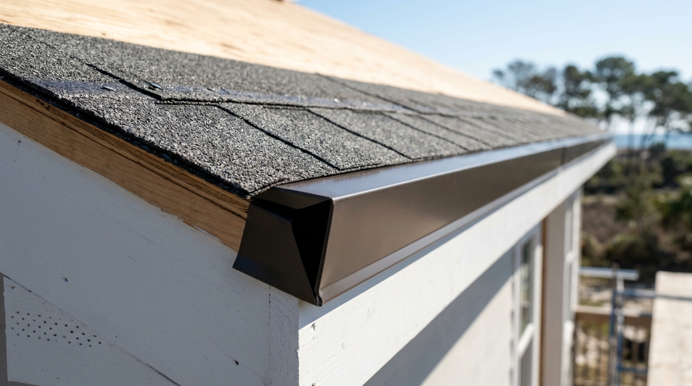 Metal drip edge and sealed starter course along a roof eave