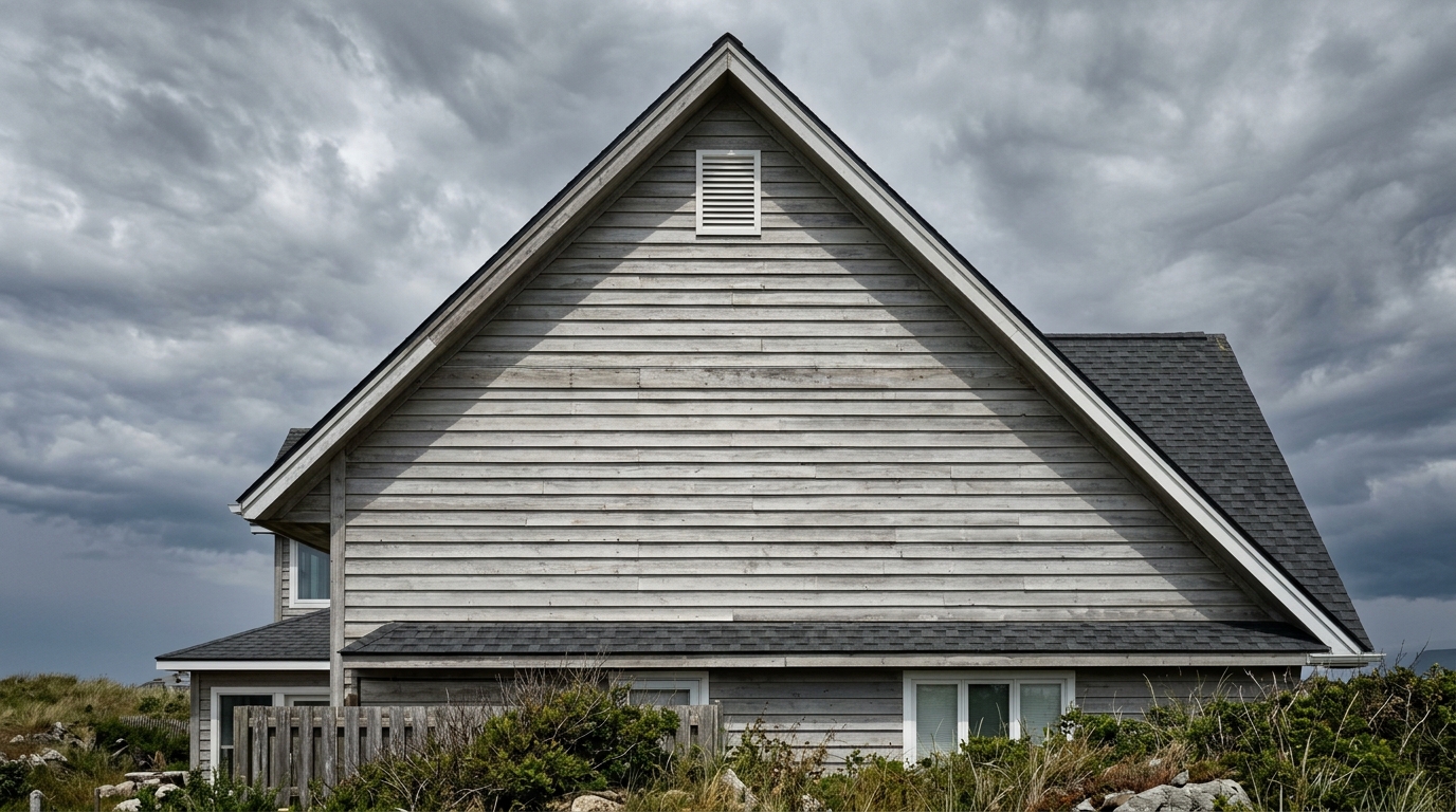Large triangular gable end wall on a two-story coastal home