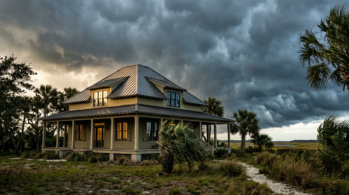 Hip roof on a Charleston area coastal home under a darkening storm sky