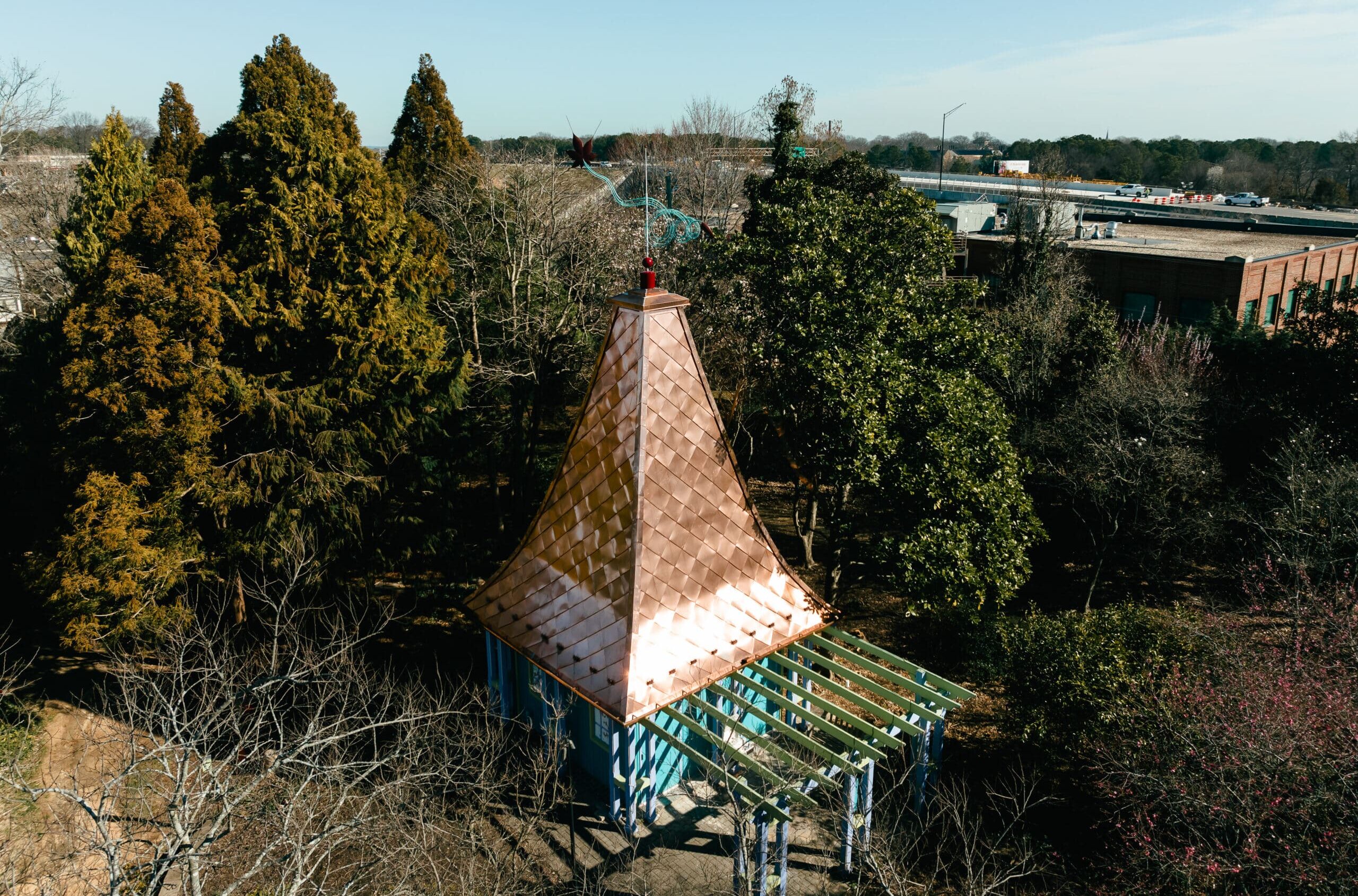 Copper roof with green patina