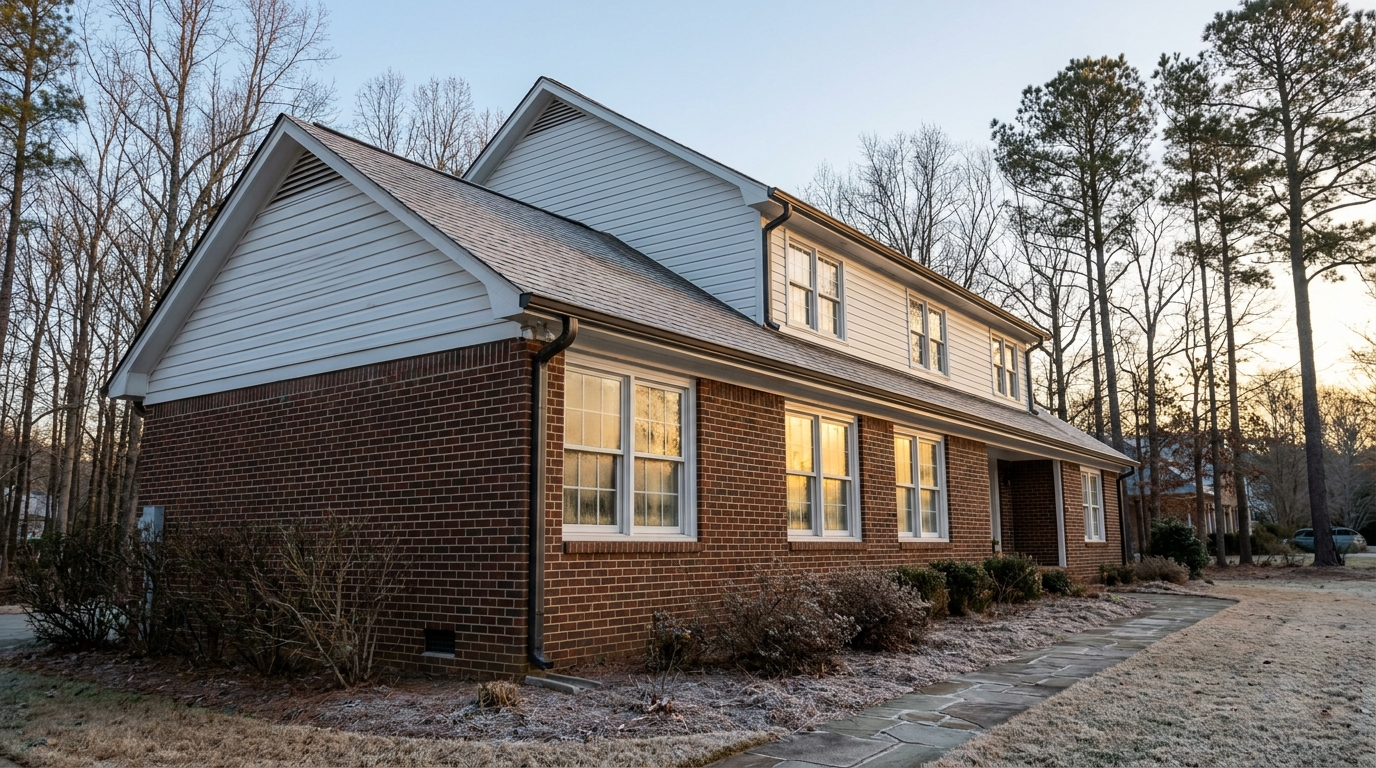 A two-story house with a red-brick first floor and white lap siding above, seen in early-morning light on a frosty winter day, with warm light glowing behind its white double-hung windows, frost on the lawn and planting beds, and bare trees and tall pines behind it.