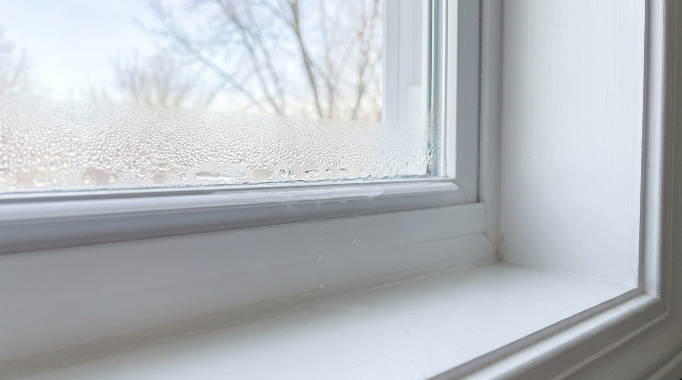 Close-up of the lower corner of a white window from inside, with water droplets covering the bottom few inches of the glass, a band of larger drops along the bottom edge, and a few drops running down the sash toward the white sill.