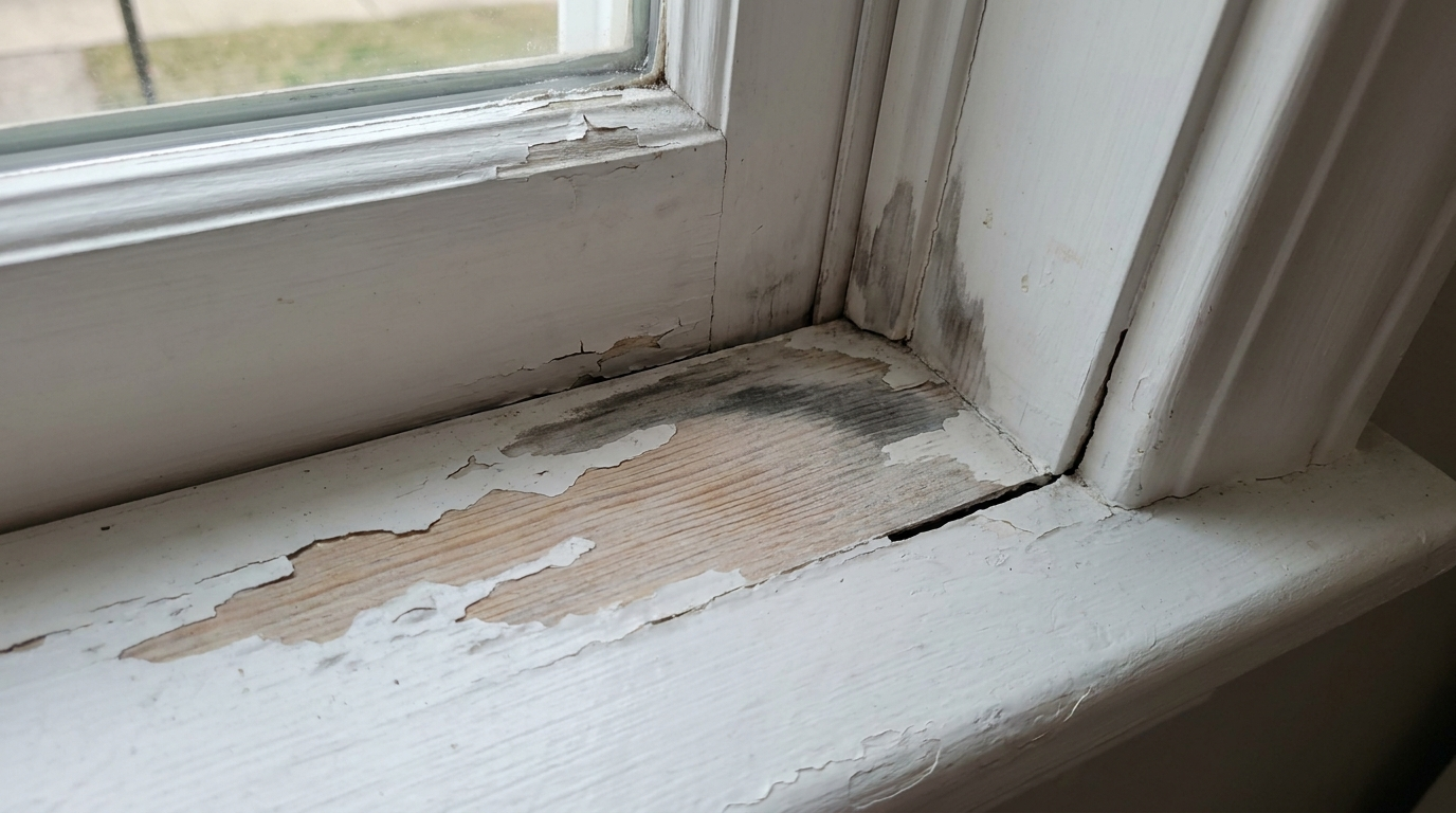 Close-up of the inside corner of a white-painted wood window sill, with paint peeling and flaking to bare wood, gray-black staining in the corner and on the side trim, and a gap opened in the joint between the sill and the trim.