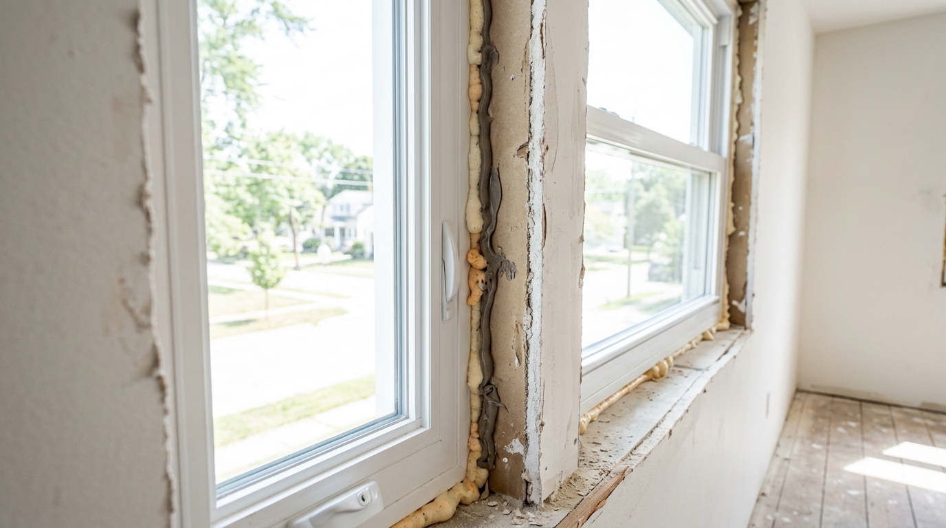 New replacement window set in the opening with the perimeter gap foamed and sealed