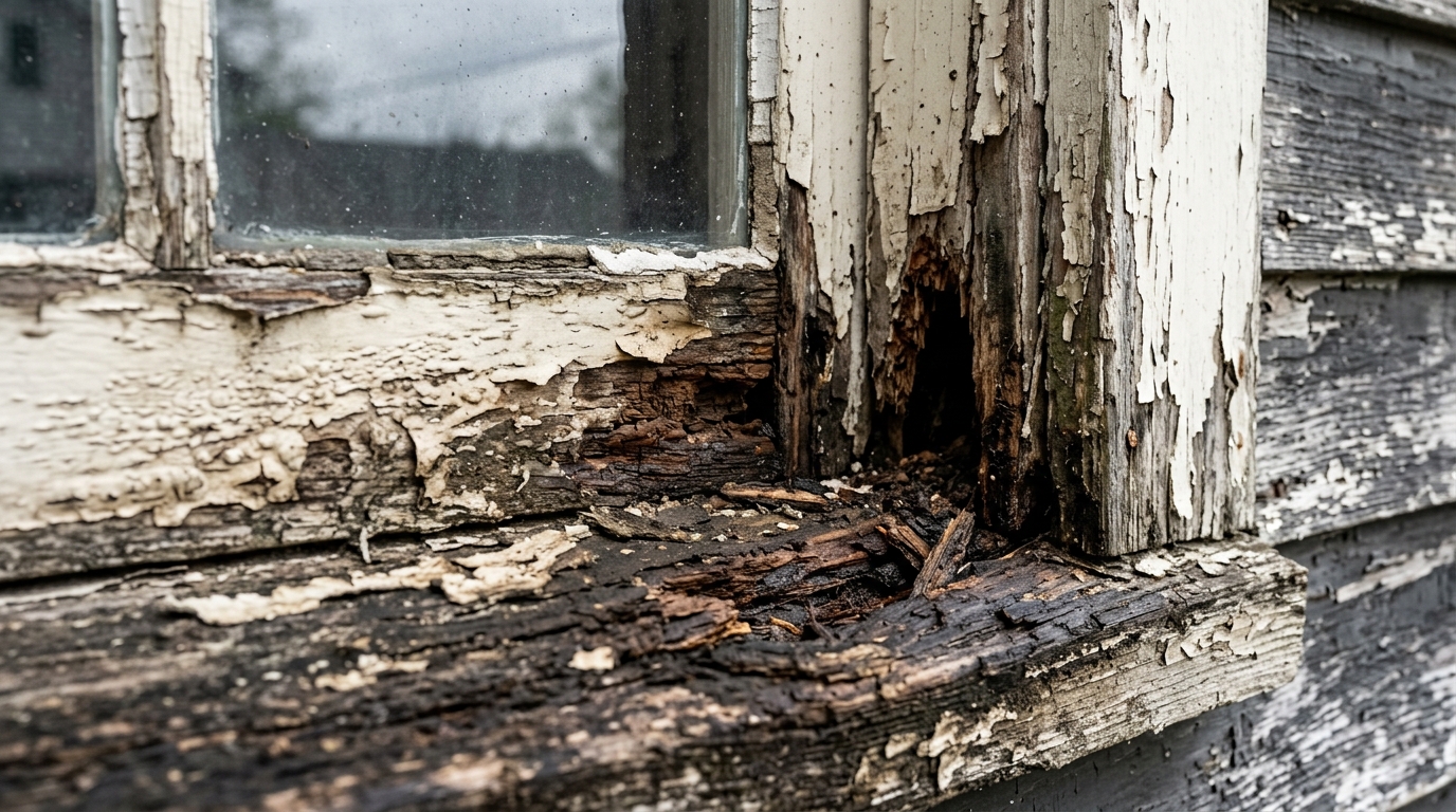 Rotted wooden window sill with blistered paint and a failed corner joint