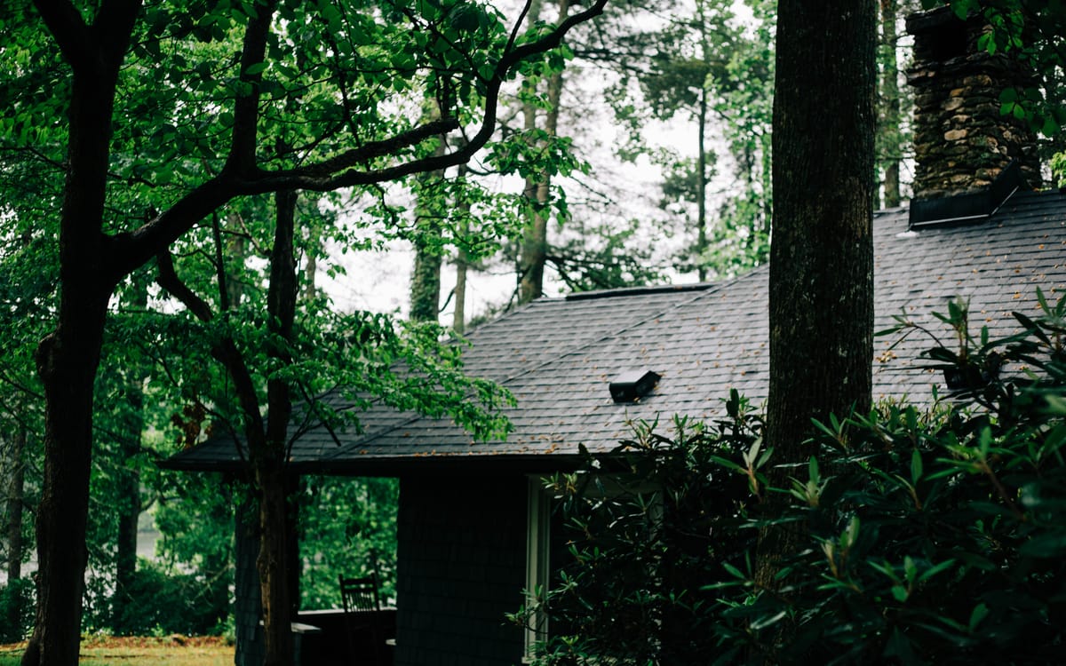 Shingle roof on a home under tall trees on a wooded lot